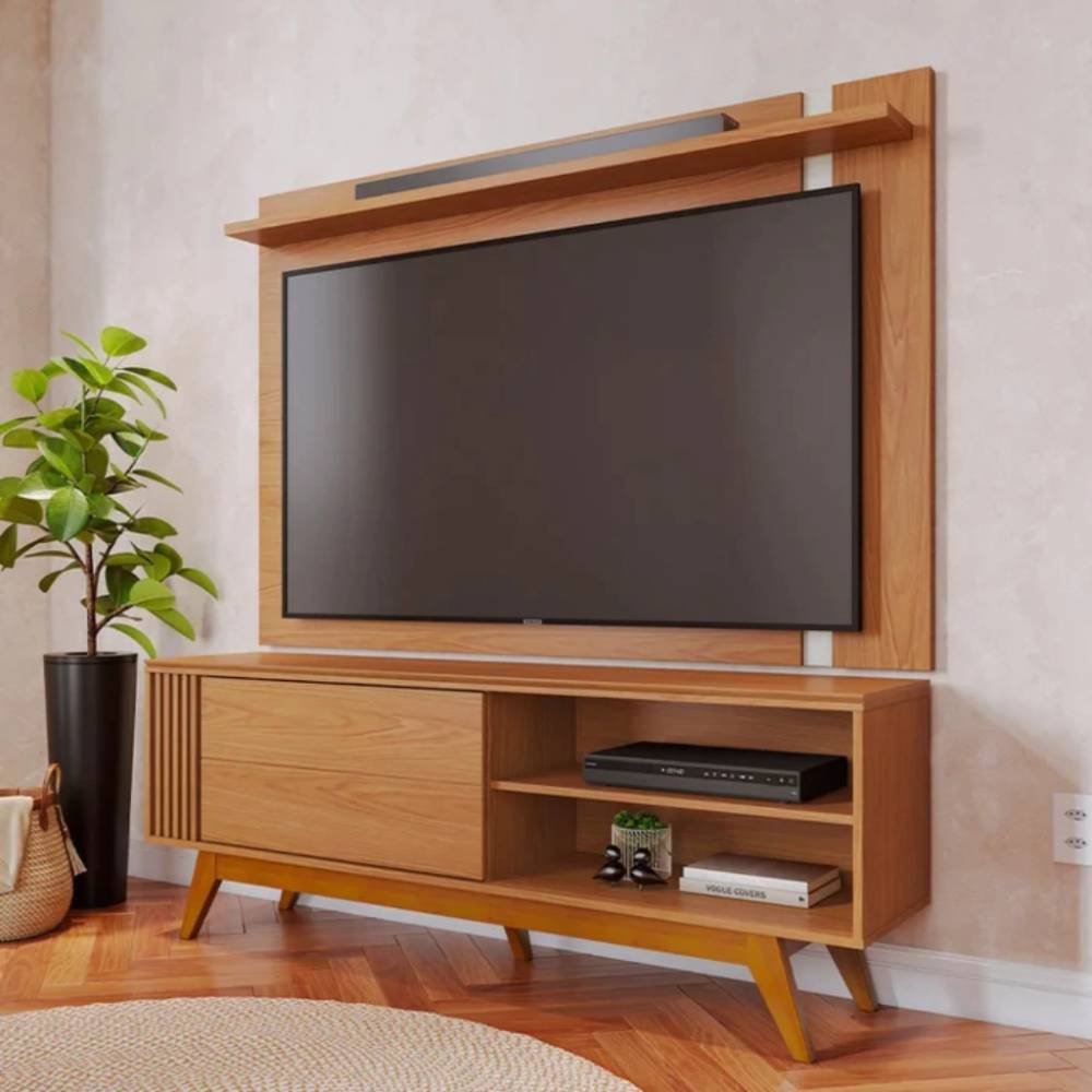 Rack Bancada Otawa c/ Painel Leme para Tvs até 65" - Freijó/Off White Matte