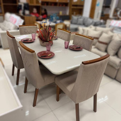 Mesa de Jantar Nevada 180x90cm Tampo Off White Canto Copo com 6 cadeiras Nevada - Linho Bege