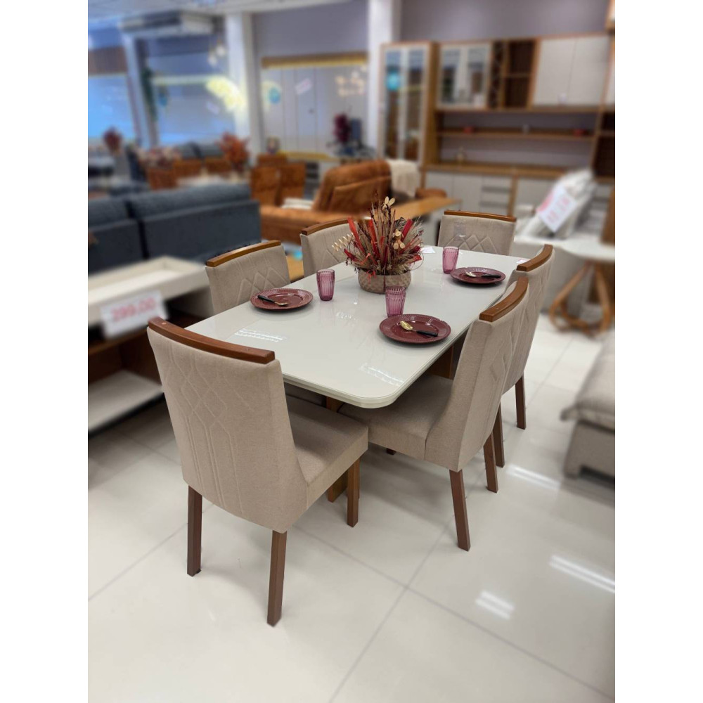 Mesa de Jantar Nevada 180x90cm Tampo Off White Canto Copo com 6 cadeiras Nevada - Linho Bege