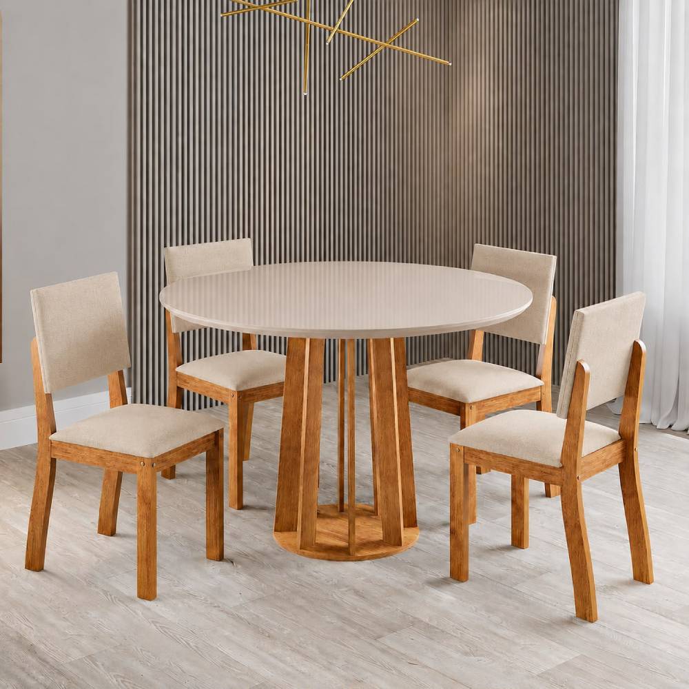 Mesa de Jantar tampo Redondo c/ Vidro Prada 90x90 c/ 4 Cadeira Bela - Linho Bege