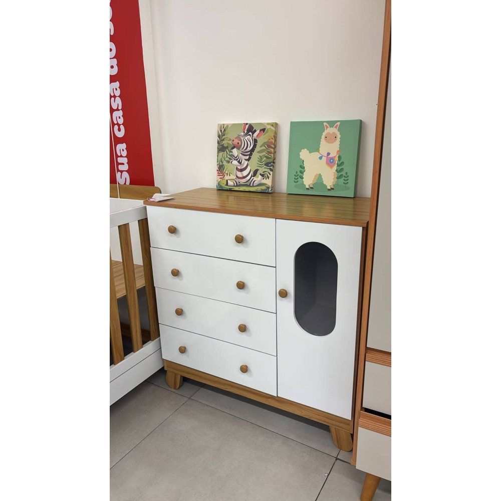Cômoda Pingo c/ 1 Porta e 4 Gavetas - Móveis Peroba - Branco Brilho / Amêndoa