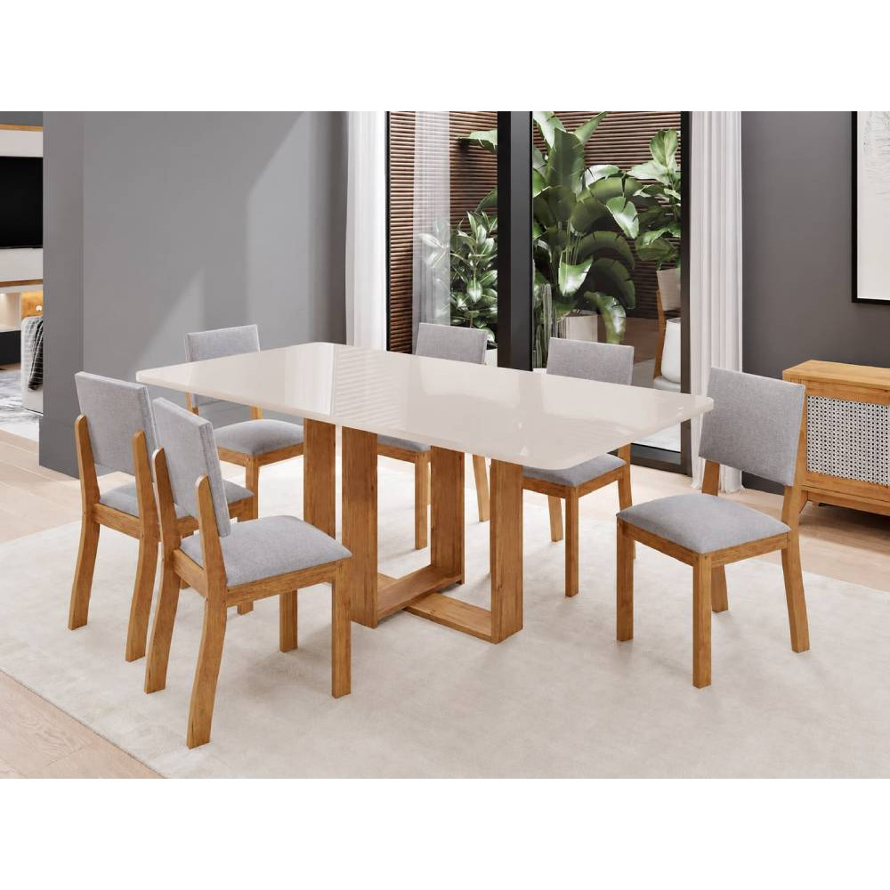 Mesa de Jantar  Tampo c/ Vidro Hana 160x80 c/ 6 Cadeiras Bela - Linho Cinza