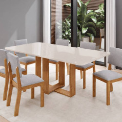 Mesa de Jantar  Tampo c/ Vidro Hana 160x80 c/ 6 Cadeiras Bela - Linho Cinza
