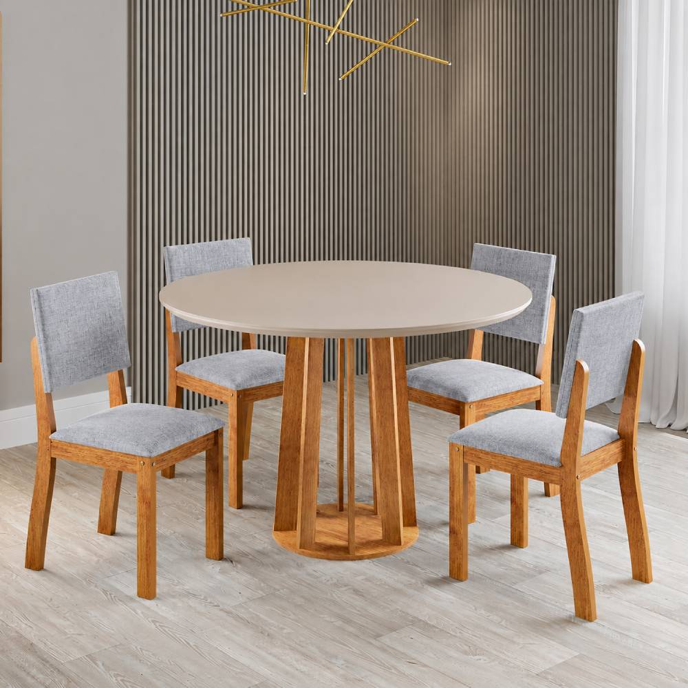 Mesa de Jantar tampo Redondo c/ Vidro Prada 90x90 c/ 4 Cadeira Bela - Linho Cinza