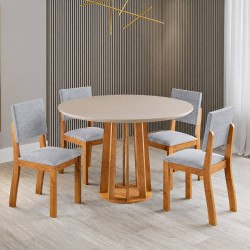 Mesa de Jantar tampo Redondo c/ Vidro Prada 90x90 c/ 4 Cadeira Bela - Linho Cinza