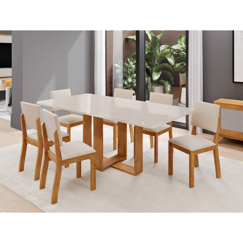Mesa de Jantar  Tampo c/ Vidro Hana 160x80 c/ 6 Cadeiras Bela - Linho Bege