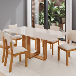 Mesa de Jantar  Tampo c/ Vidro Hana 160x80 c/ 6 Cadeiras Bela - Linho Bege