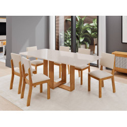 Mesa de Jantar  Tampo c/ Vidro Hana 160x80 c/ 6 Cadeiras Bela - Linho Bege