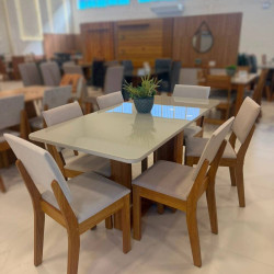Mesa de Jantar  Tampo c/ Vidro Hana 160x80 c/ 6 Cadeiras Bela - Linho Bege