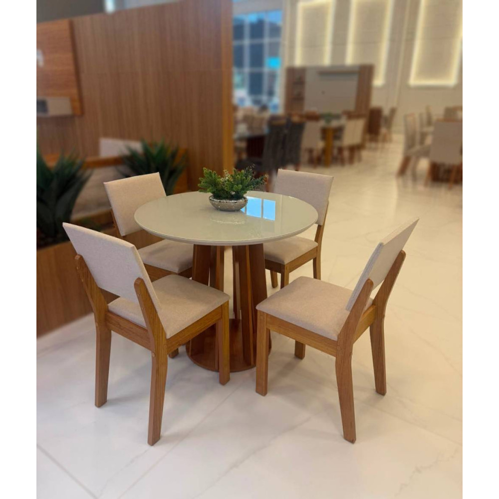 Mesa de Jantar tampo Redondo c/ Vidro Prada 90x90 c/ 4 Cadeira Bela - Linho Bege