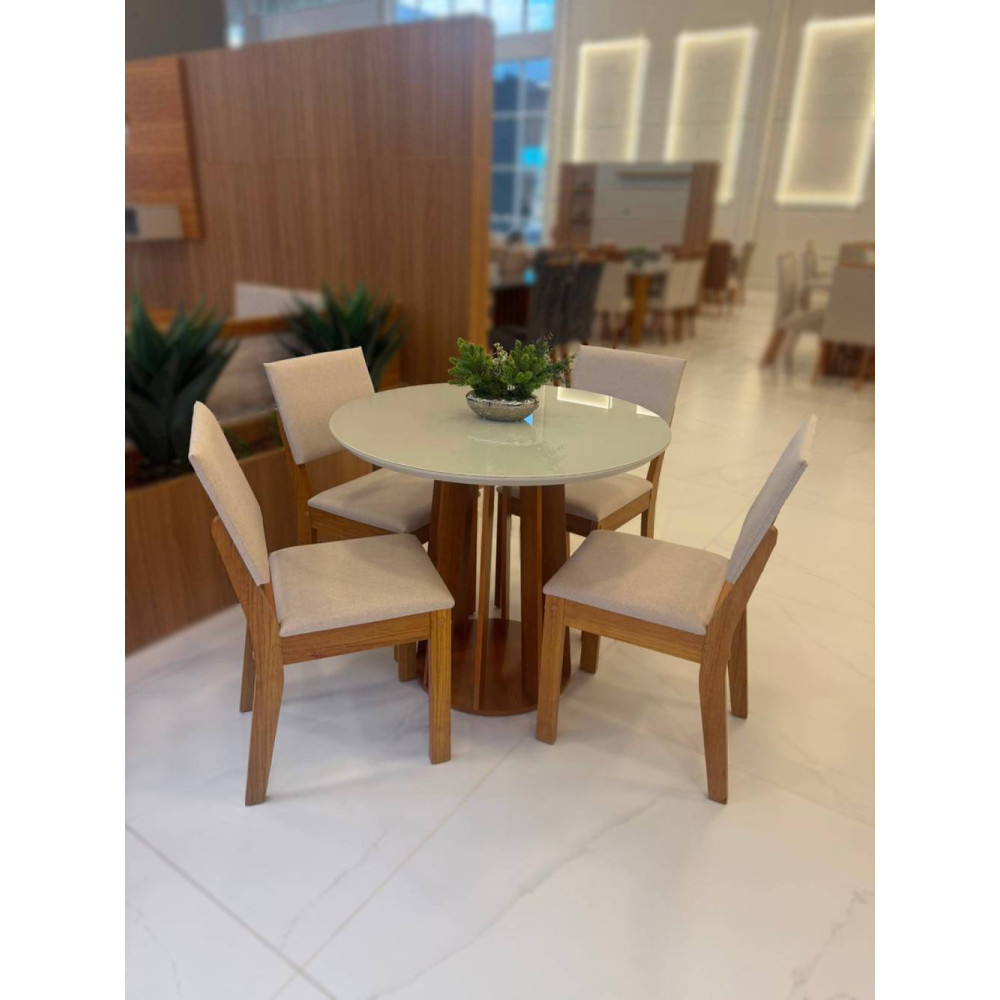 Mesa de Jantar tampo Redondo c/ Vidro Prada 90x90 c/ 4 Cadeira Bela - Linho Bege