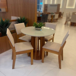 Mesa de Jantar tampo Redondo c/ Vidro Prada 90x90 c/ 4 Cadeira Bela - Linho Bege