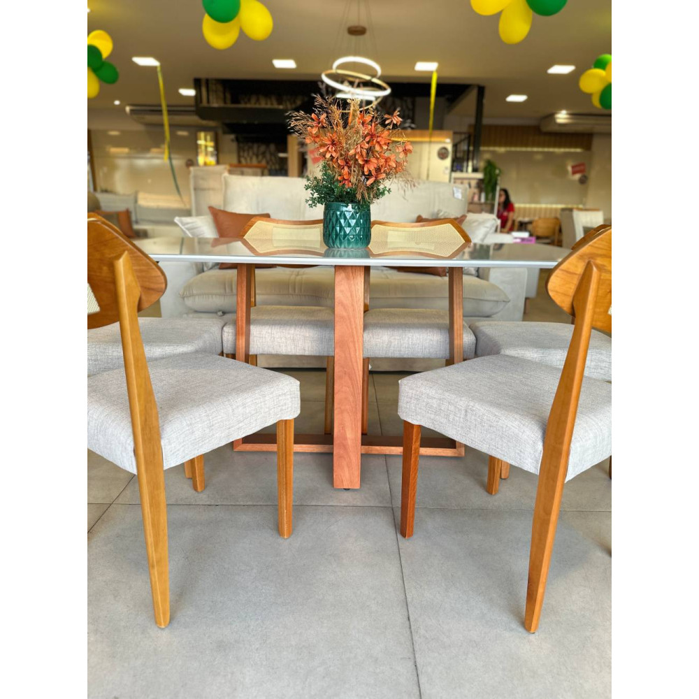 Mesa de Jantar Pedro 160x80 c/ 6 Cadeiras Itaipava Linho Cinza - Mel / Off White