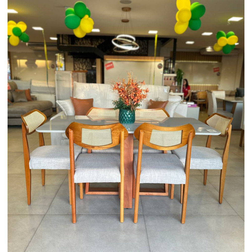 Mesa de Jantar Pedro 160x80 c/ 6 Cadeiras Itaipava Linho Cinza - Mel / Off White