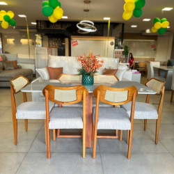 Mesa de Jantar Pedro 160x80 c/ 6 Cadeiras Itaipava Linho Cinza - Mel / Off White