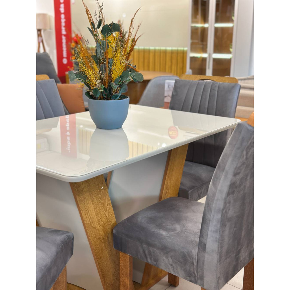 Mesa de Jantar Qatar 120x80 c/ 4 Cadeiras Dubai Veludo Cinza - Cinamomo / Off White