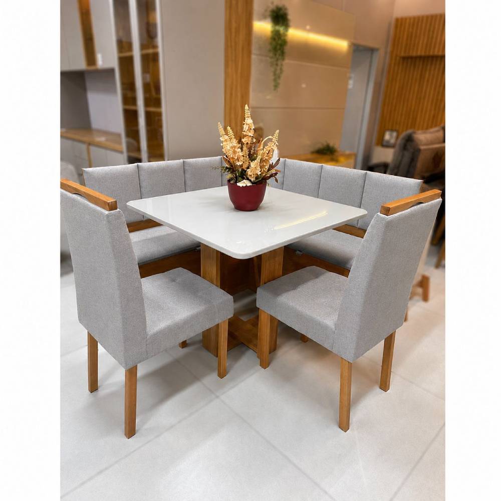 Conjunto Canto Romano com Baú - Linho Cinza + Mesa de Jantar Anjos Tampo c/ Vidro 90x90 c/ 2 Cadeiras Julia - Linho Cinza