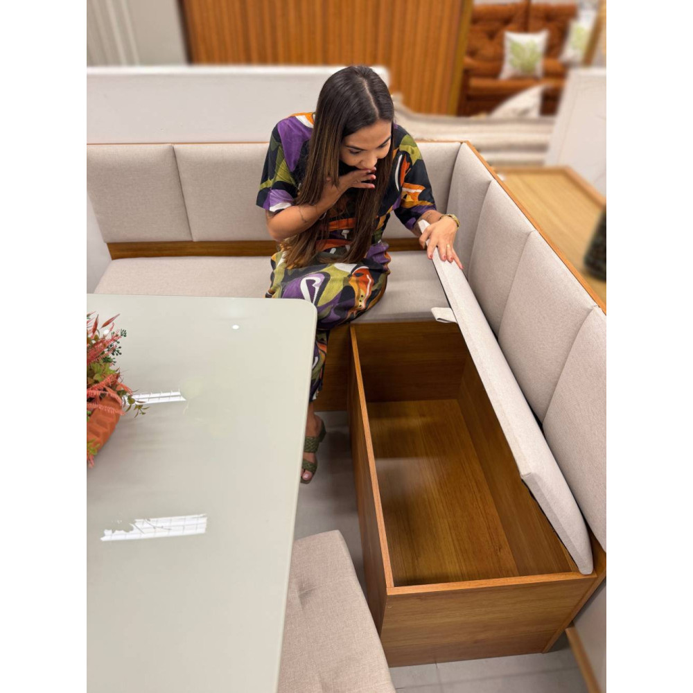 Conjunto Canto Romano com Baú - Linho Bege + Mesa de Jantar Anjos Tampo c/ Vidro 90x90 c/ 2 Cadeiras Julia - Linho Bege