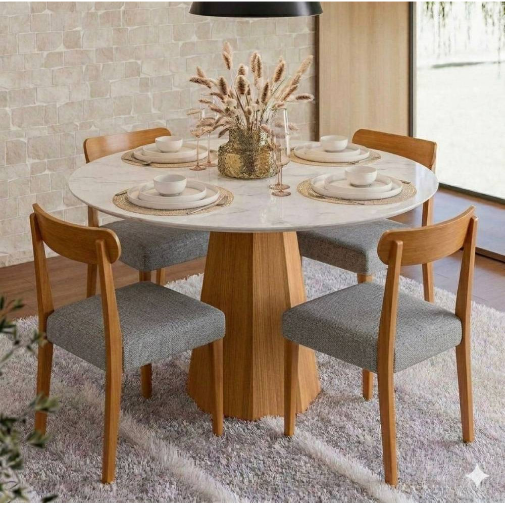 Mesa de Jantar Isis 117x117 C/ 4 Cadeiras Cadeira Maragogi - Linho Cinza - Ype Damasco /Off White