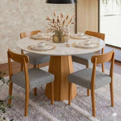 Mesa de Jantar Isis 117x117 C/ 4 Cadeiras Cadeira Maragogi - Linho Cinza - Ype Damasco /Off White