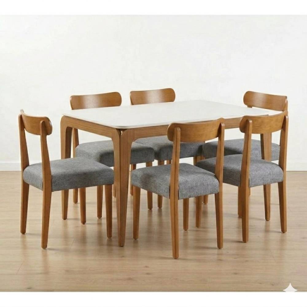 Mesa de Jantar Aurea 160x90 c/ 6 Cadeiras Maragogi - Linho Cinza - Ype Damasco/Off White