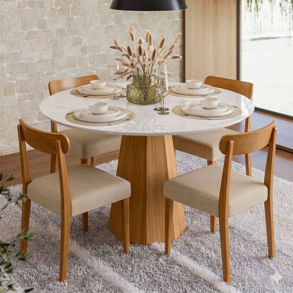 Mesa de Jantar Isis 117x117 C/ 4 Cadeiras Cadeira Maragogi - Linho Bege - Ype Damasco /Off White