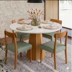 Mesa de Jantar Isis 117x117 C/ 4 Cadeiras Cadeira Maragogi - Linho Verde - Ype Damasco /Off White