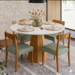 Mesa de Jantar Isis 117x117 C/ 4 Cadeiras Cadeira Maragogi - Linho Verde - Ype Damasco /Off White