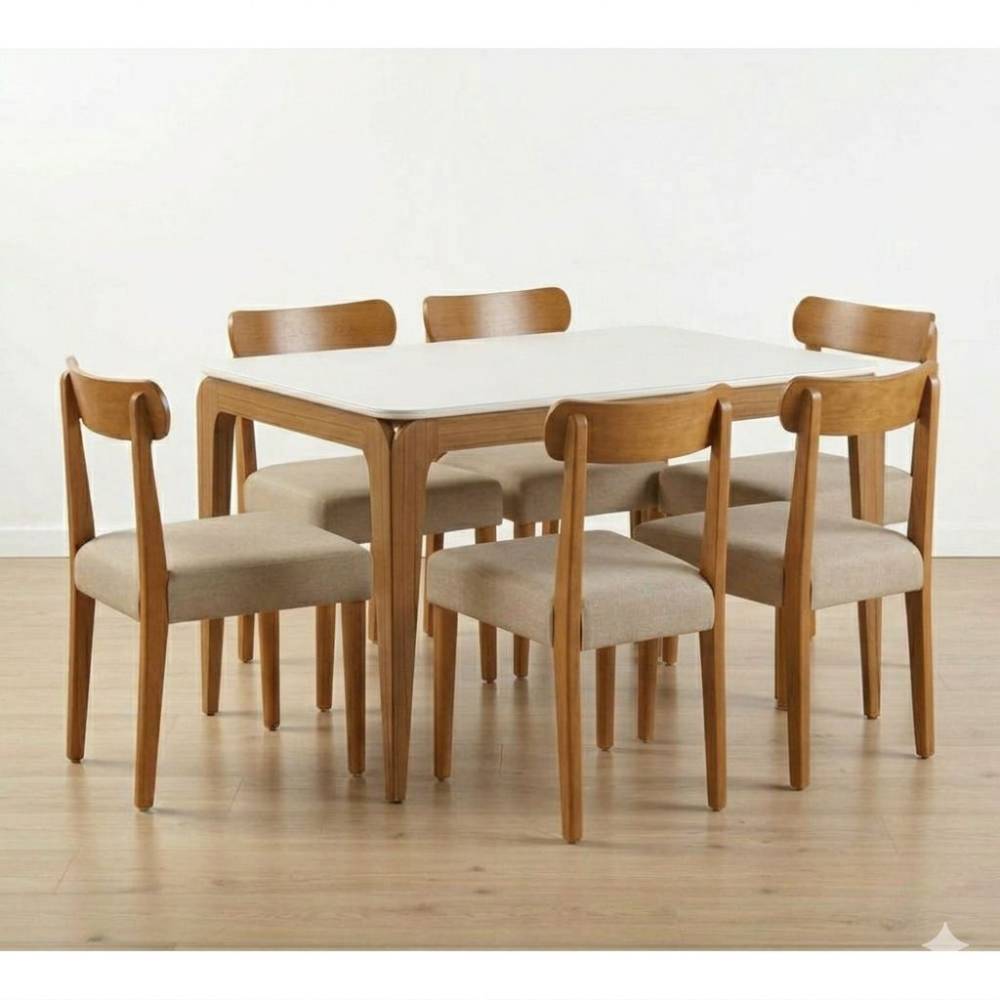 Mesa de Jantar Aurea 160x90 c/ 6 Cadeiras Maragogi - Linho Bege - Ype Damasco/Off White