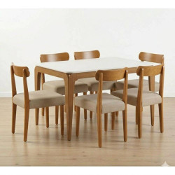 Mesa de Jantar Aurea 160x90 c/ 6 Cadeiras Maragogi - Linho Bege - Ype Damasco/Off White
