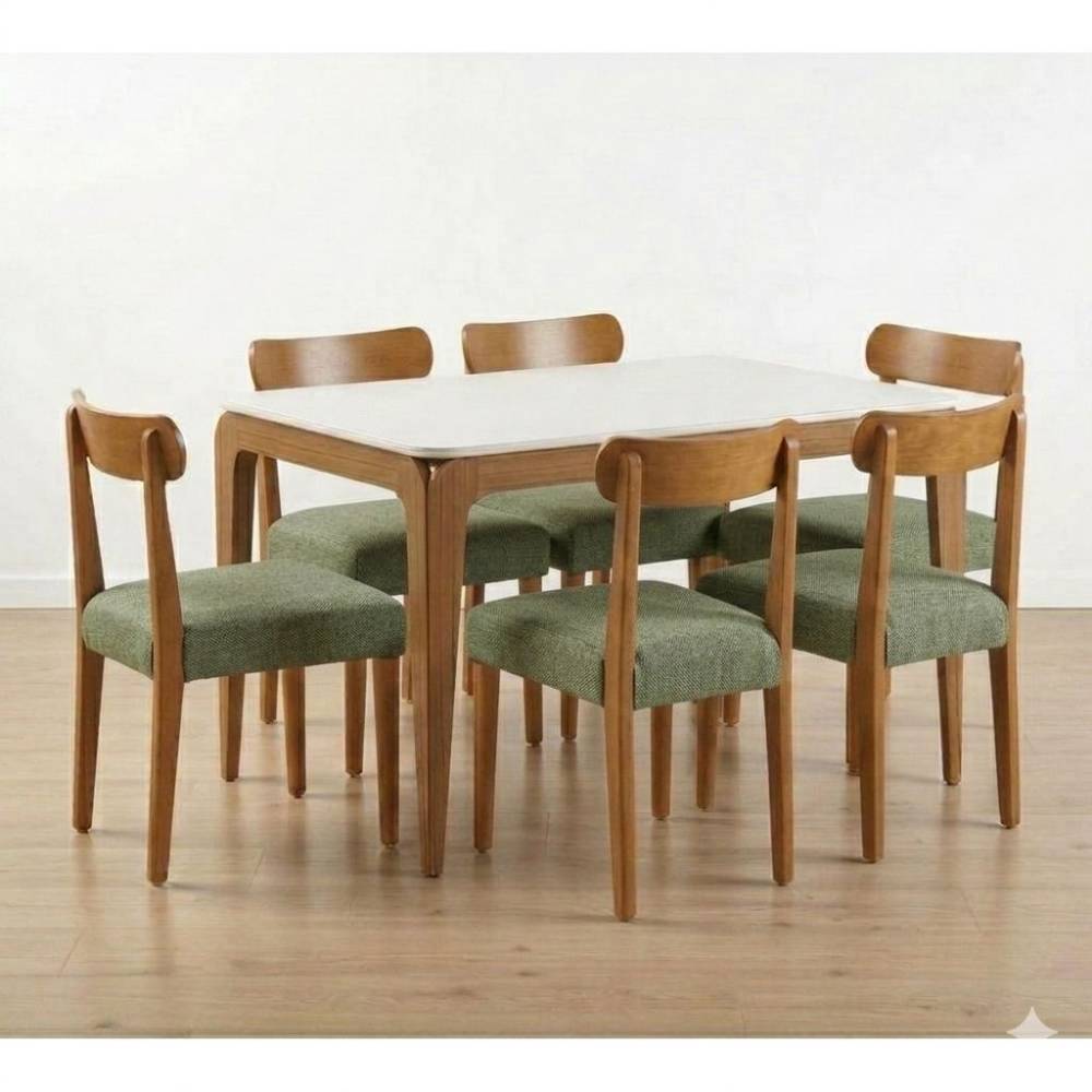 Mesa de Jantar Aurea 160x90 c/ 6 Cadeiras Maragogi - Linho Verde - Ype Damasco/Off White