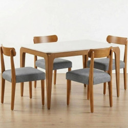 Mesa de Jantar Aurea 120x80 c/ Vidro c/ 4 Cadeira Maragogi - Linho Cinza - Ype Damasco/Off White