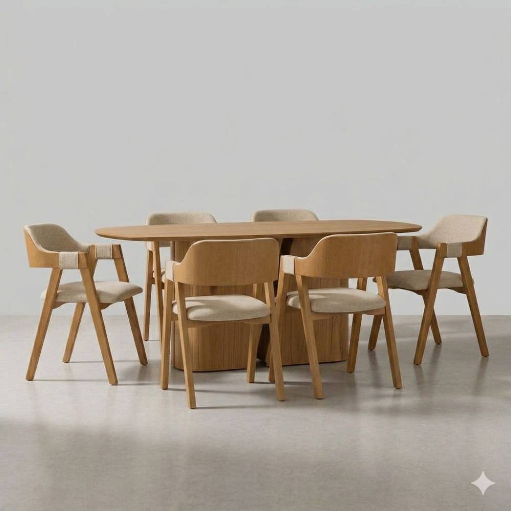 Mesa de Jantar Yasmin 180x100 c/ 6 Cadeira Costa Rica - Linho Bege - Cinamomo