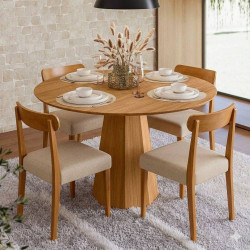 Mesa de Jantar Isis 117x117 C/ 4 Cadeiras Cadeira Maragogi - Linho Bege - Ype Damasco