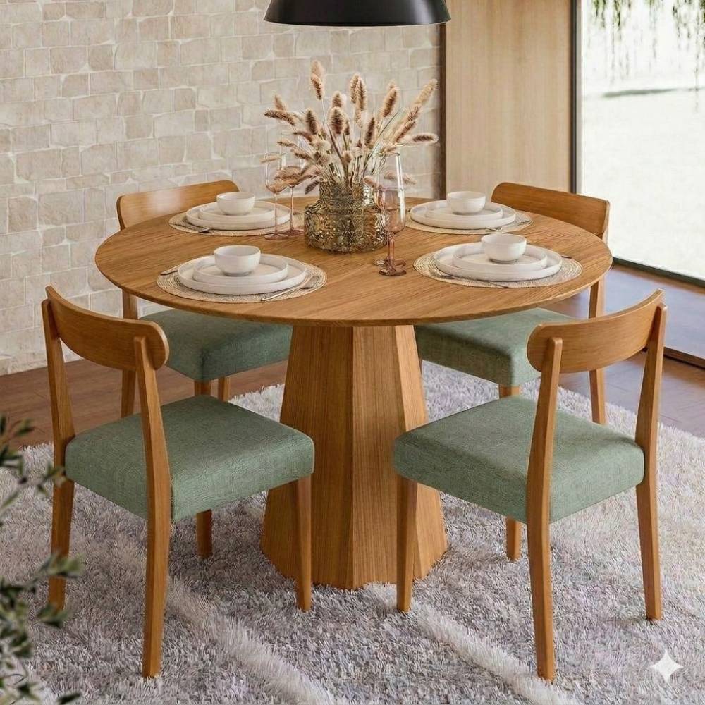 Mesa de Jantar Isis 117x117 C/ 4 Cadeiras Cadeira Maragogi - Linho Verde - Ype Damasco