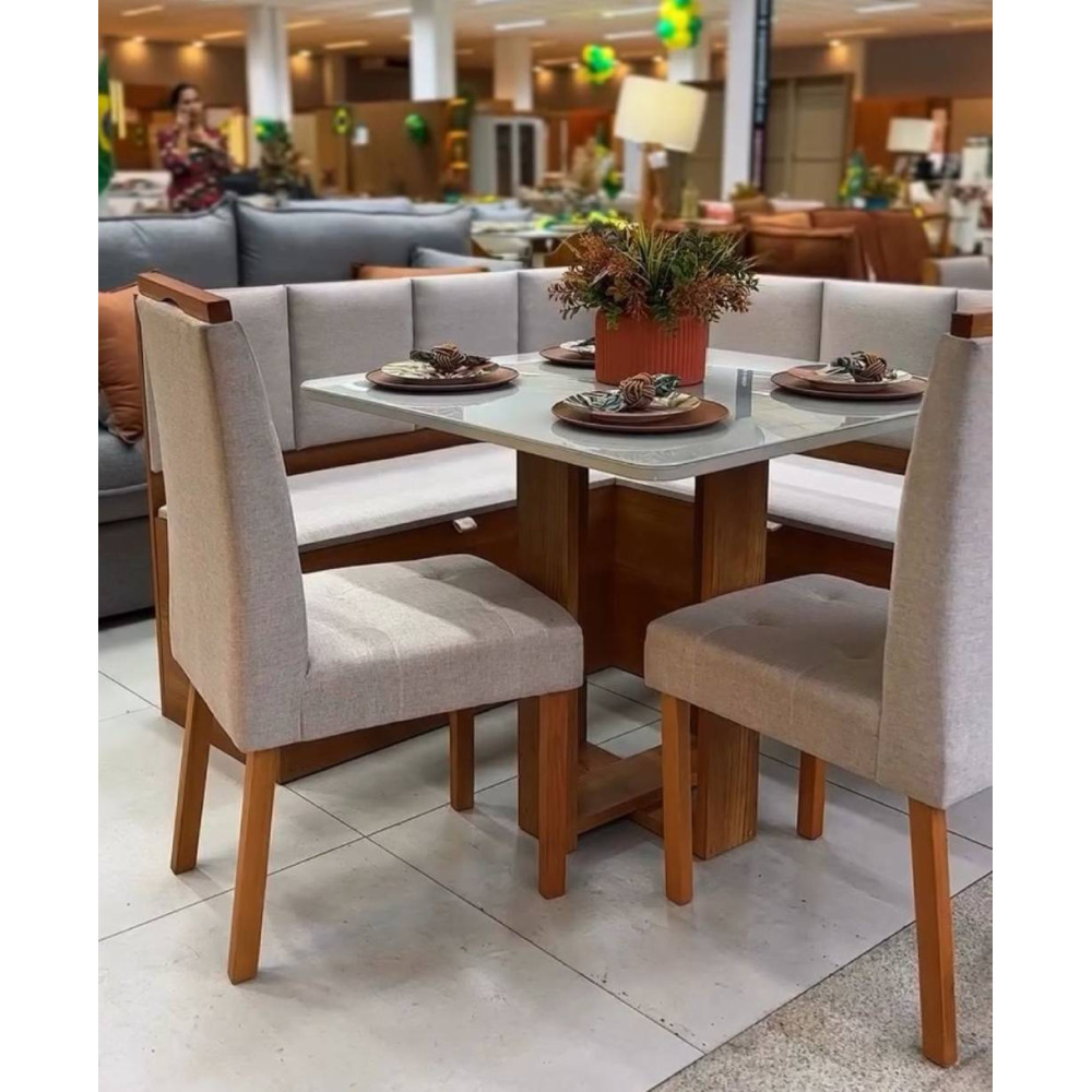 Conjunto Canto Romano com Baú - Linho Cinza + Mesa de Jantar Anjos Tampo c/ Vidro 90x90 c/ 2 Cadeiras Julia - Linho Cinza