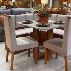 Conjunto Canto Romano com Baú - Linho Cinza + Mesa de Jantar Anjos Tampo c/ Vidro 90x90 c/ 2 Cadeiras Julia - Linho Cinza