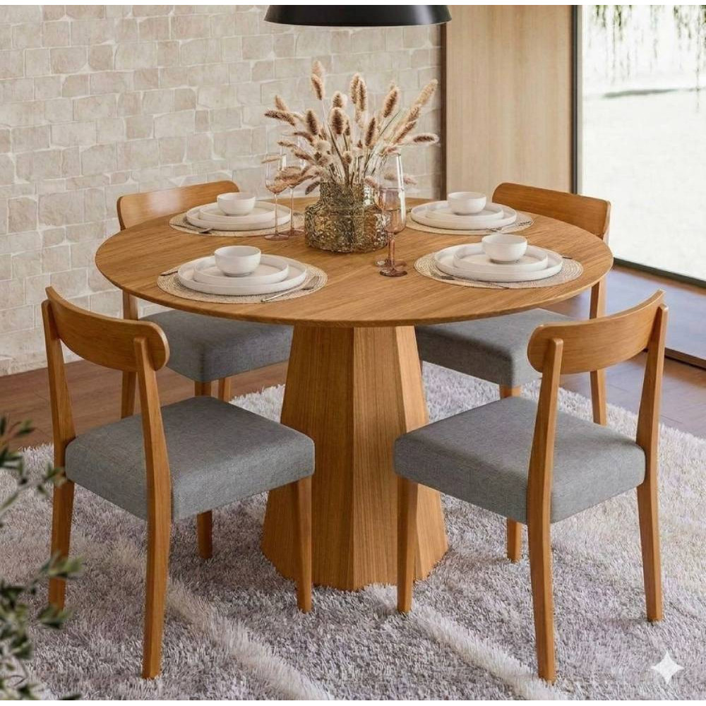 Mesa de Jantar Isis 117x117 C/ 4 Cadeiras Cadeira Maragogi - Linho Cinza - Ype Damasco