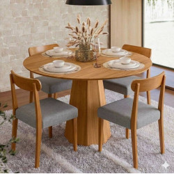 Mesa de Jantar Isis 117x117 C/ 4 Cadeiras Cadeira Maragogi - Linho Cinza - Ype Damasco