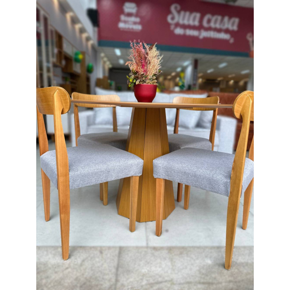 Mesa de Jantar Isis 117x117 C/ 4 Cadeiras Cadeira Maragogi - Linho Cinza - Ype Damasco
