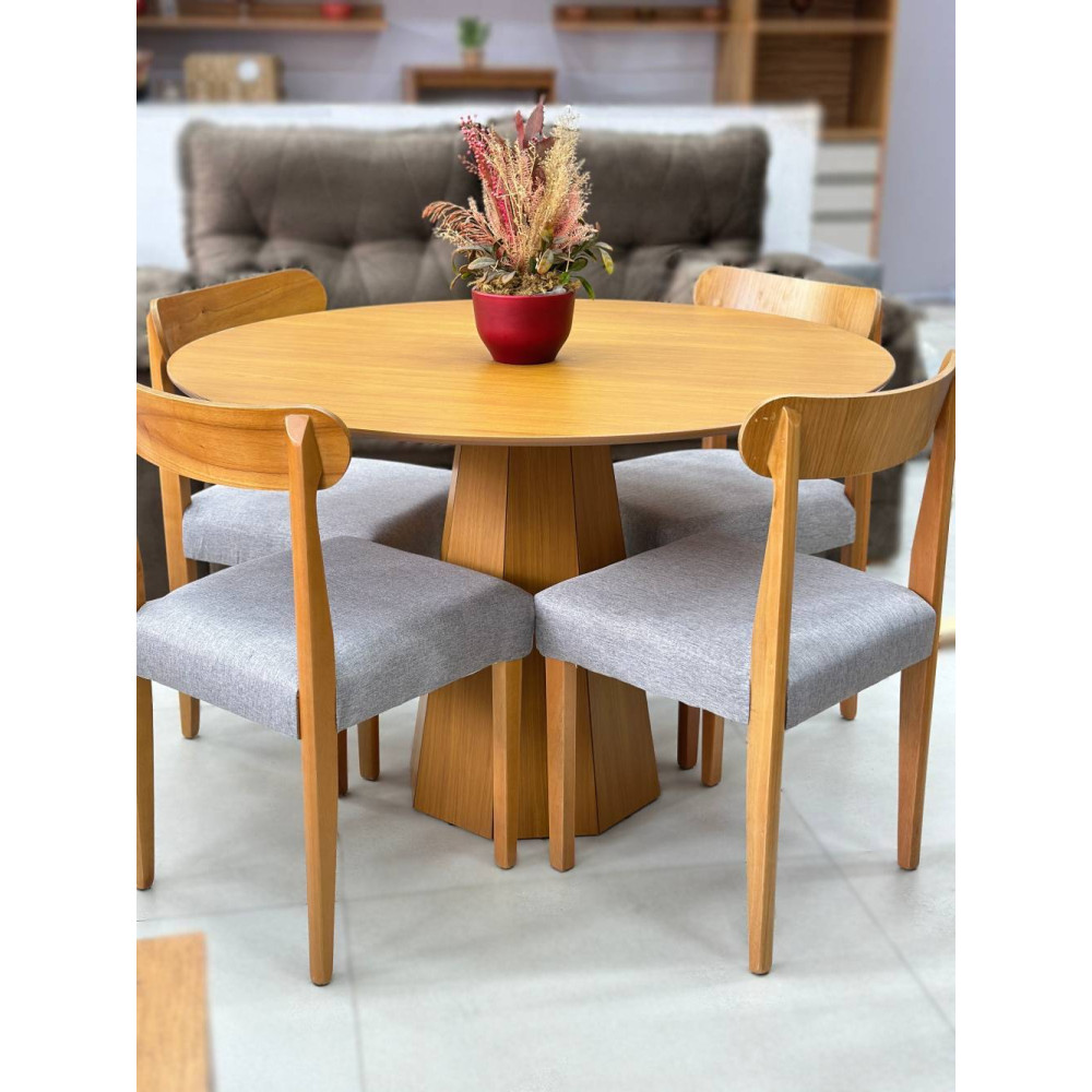 Mesa de Jantar Isis 117x117 C/ 4 Cadeiras Cadeira Maragogi - Linho Cinza - Ype Damasco