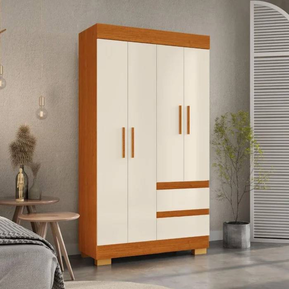 Guarda Roupa Solteiro Maya c/ 4 Portas 2 Gavetas - Cinamomo/off White