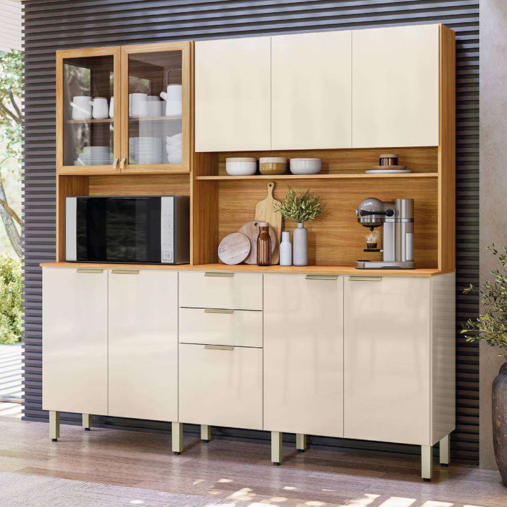 Kit de Cozinha Compacta Amora 10 Portas e 2 Gavetas - Cinamomo Touch/Off-White
