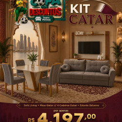 Kit Copa - Estante Home Balsamo para Tvs até 65" - Cinamomo/ Off White + Sofá Living Italia 3 lugares Veludo - Cinza 612 + Mesa de Jantar Qatar 120x80 c/ 4 Cadeiras Dubai Veludo Cinza - Cinamomo / Off White