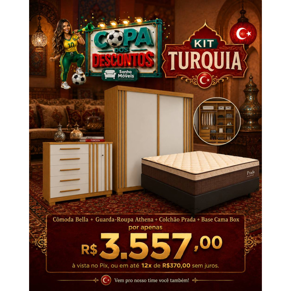 Kit Copa - Cômoda Bella 5 Gavetas com 2 Porta - Cinamomo/Off White + Guarda Roupa Solteiro Athena Acp 2 Portas c/ 3 Gavetas - Cinamomo/Off White + Colchão Prada Casal com Molas Ensacadas 32x188x138cm + Base Cama Box Casal Courino - Preto