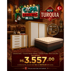 Kit Copa - Cômoda Bella 5 Gavetas com 2 Porta - Cinamomo/Off White + Guarda Roupa Solteiro Athena Acp 2 Portas c/ 3 Gavetas - Cinamomo/Off White + Colchão Prada Casal com Molas Ensacadas 32x188x138cm + Base Cama Box Casal Courino - Preto