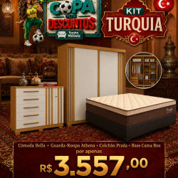 Kit Copa - Cômoda Bella 5 Gavetas com 2 Porta - Cinamomo/Off White + Guarda Roupa Solteiro Athena Acp 2 Portas c/ 3 Gavetas - Cinamomo/Off White + Colchão Prada Casal com Molas Ensacadas 32x188x138cm + Base Cama Box Casal Courino - Preto