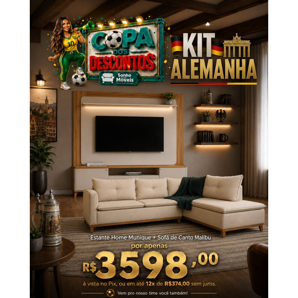 Kit Copa - Estante Home Munique c/ Led para Tvs até 70 " - Tauari/Off White Fosco + Sofá de Canto Malibu c/ Chaise Linho - Bege