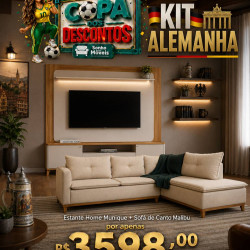 Kit Copa - Estante Home Munique c/ Led para Tvs até 70 " - Tauari/Off White Fosco + Sofá de Canto Malibu c/ Chaise Linho - Bege