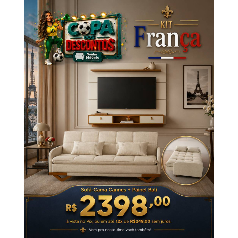 Kit Copa - Painel Bali para Tvs até 65″ – Off White/Naturale + Sofá Cama 3 Lugares Cannes - Veludo Bege
